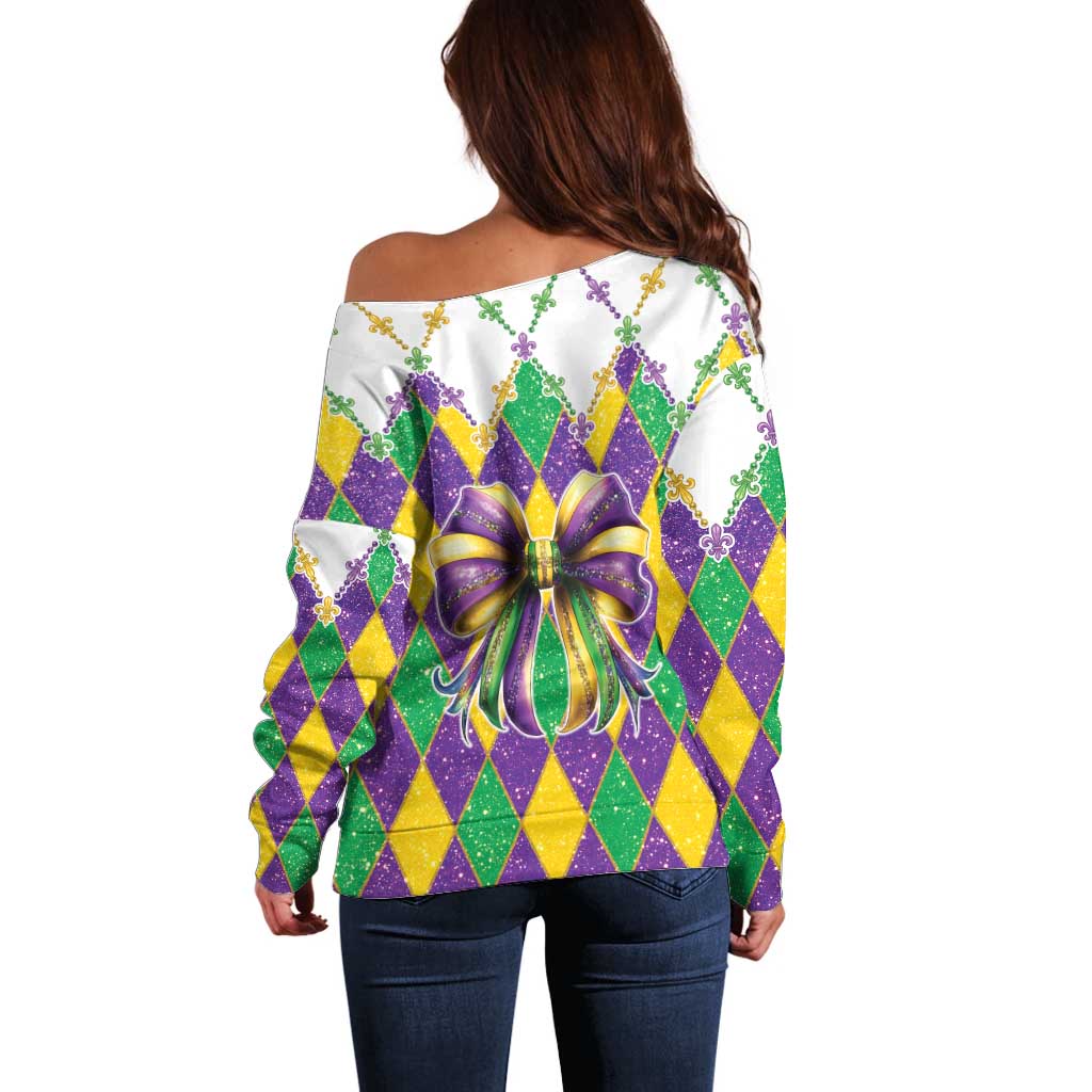 Love Mardi Gras Off Shoulder Sweater Coquette Bow Glitter Style
