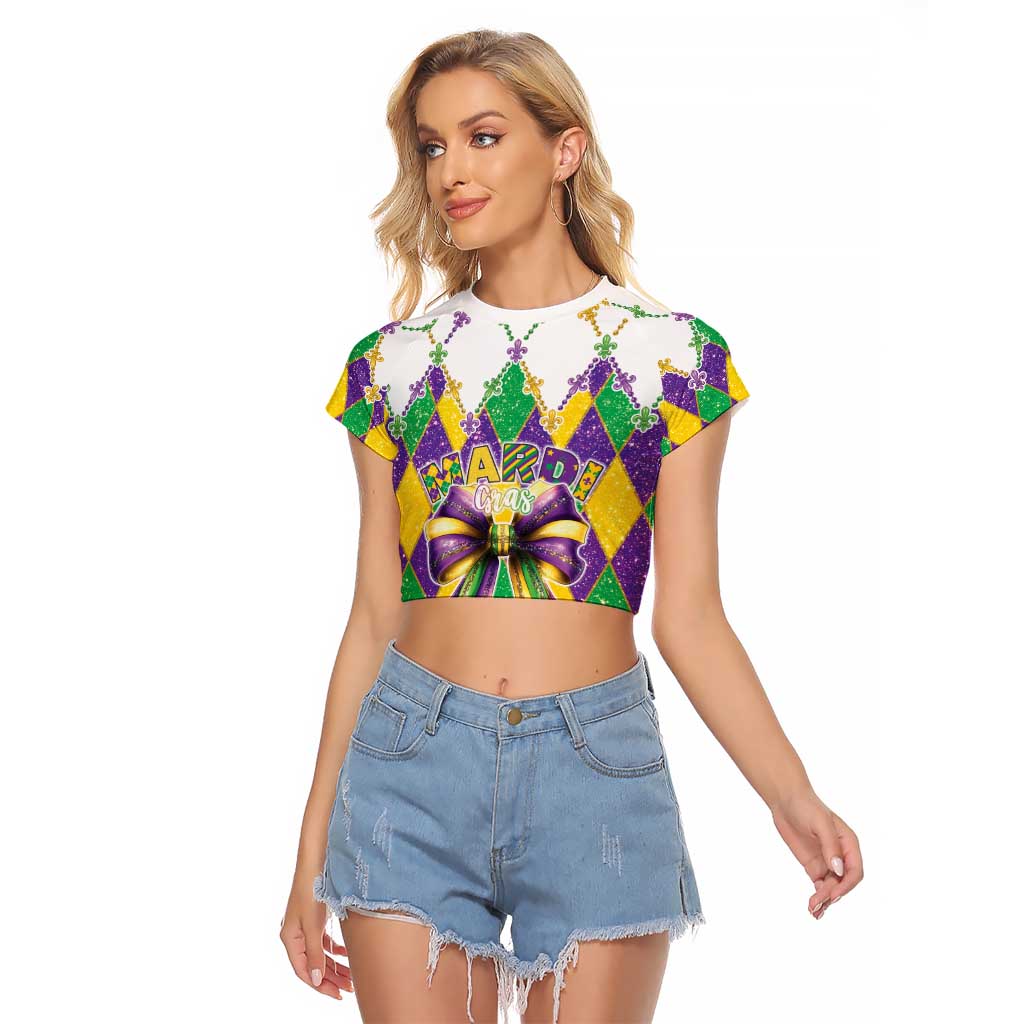 Love Mardi Gras Raglan Cropped T Shirt Coquette Bow Glitter Style LT05 - Wonder Print Shop