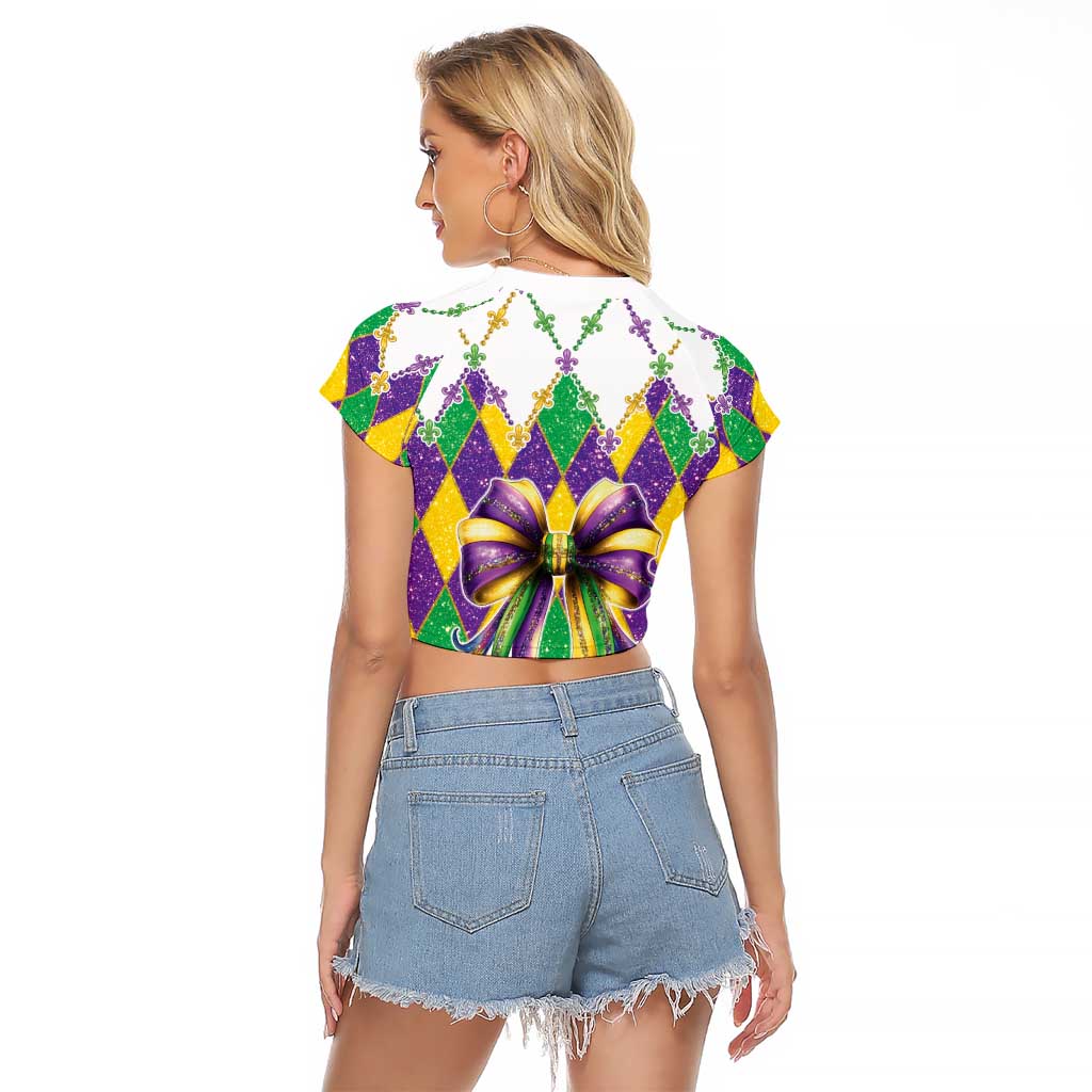 Love Mardi Gras Raglan Cropped T Shirt Coquette Bow Glitter Style LT05 - Wonder Print Shop