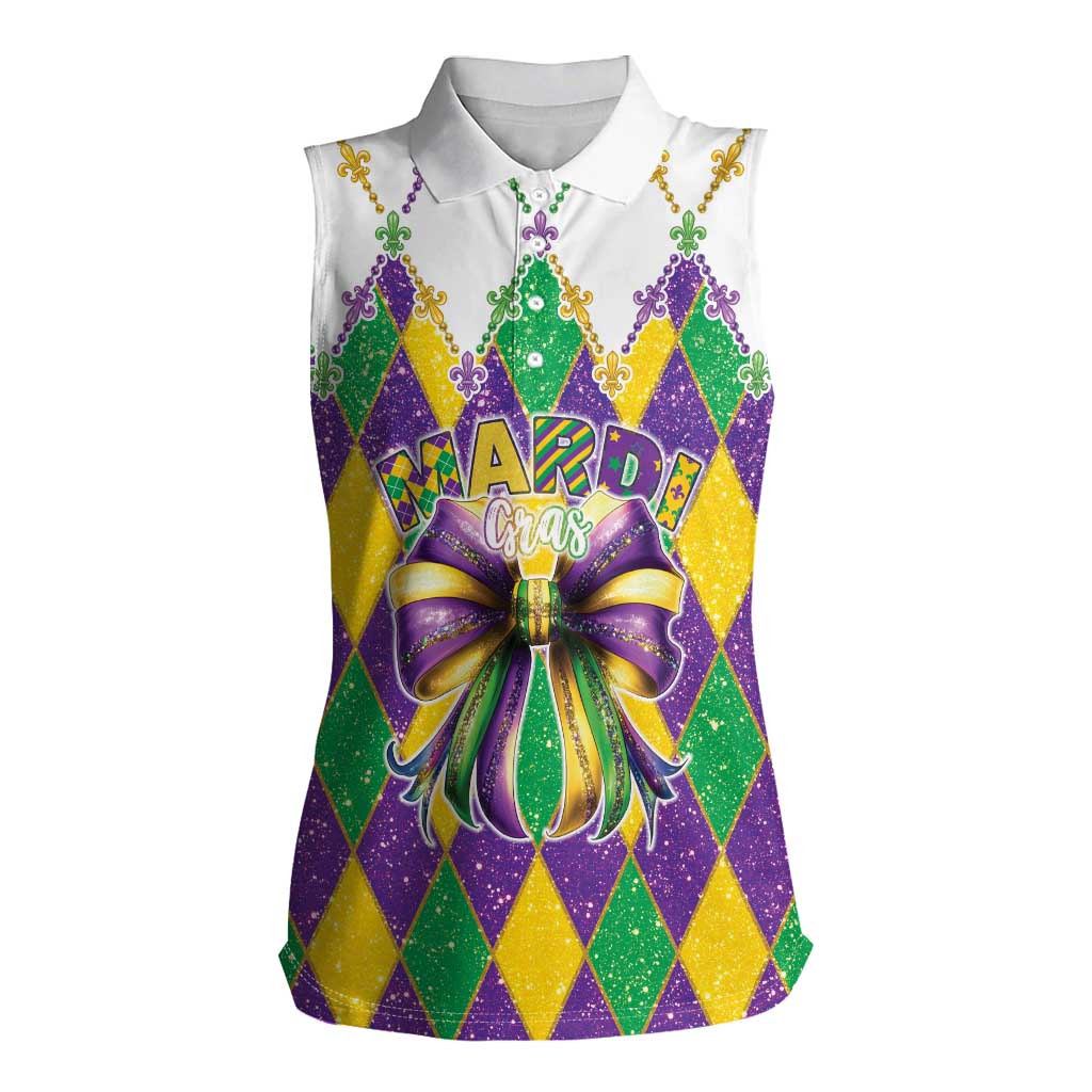 Love Mardi Gras Women Sleeveless Polo Shirt Coquette Bow Glitter Style LT05 - Wonder Print Shop