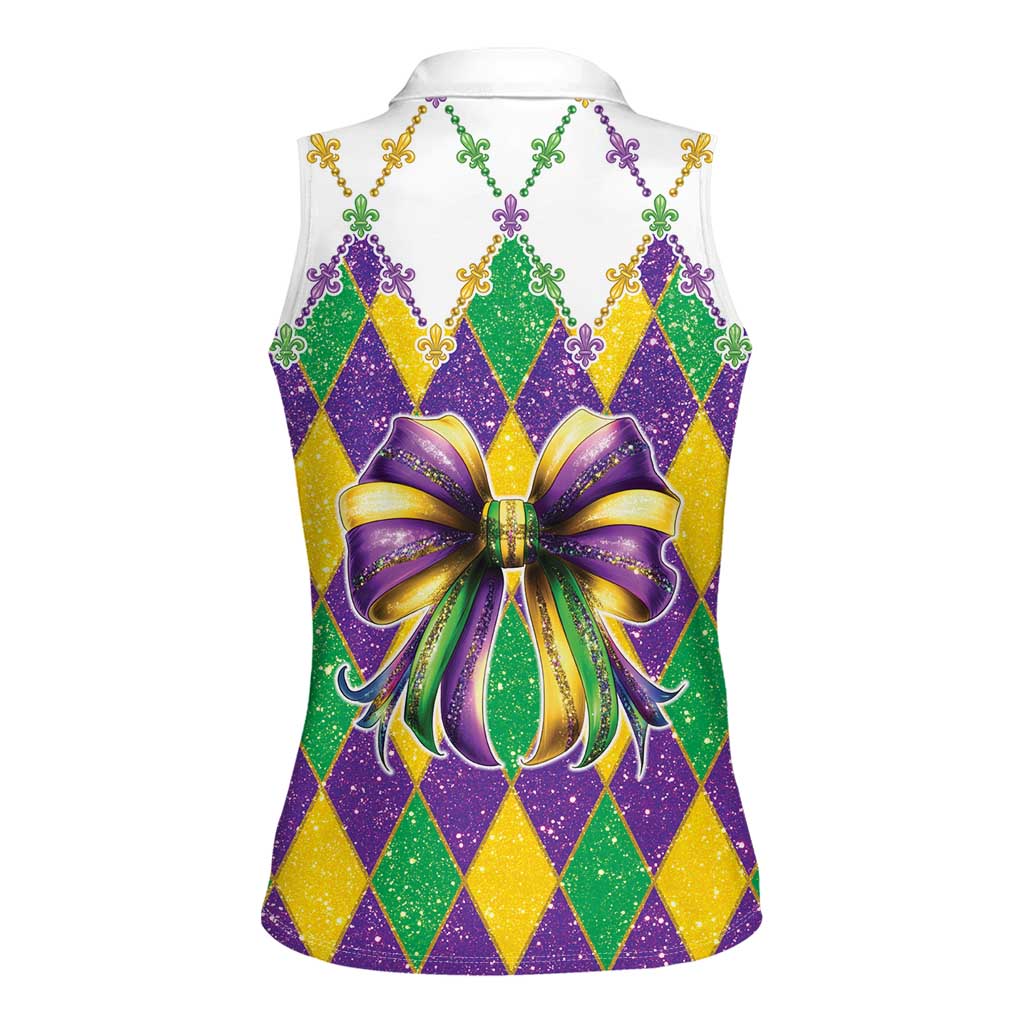 Love Mardi Gras Women Sleeveless Polo Shirt Coquette Bow Glitter Style LT05 - Wonder Print Shop