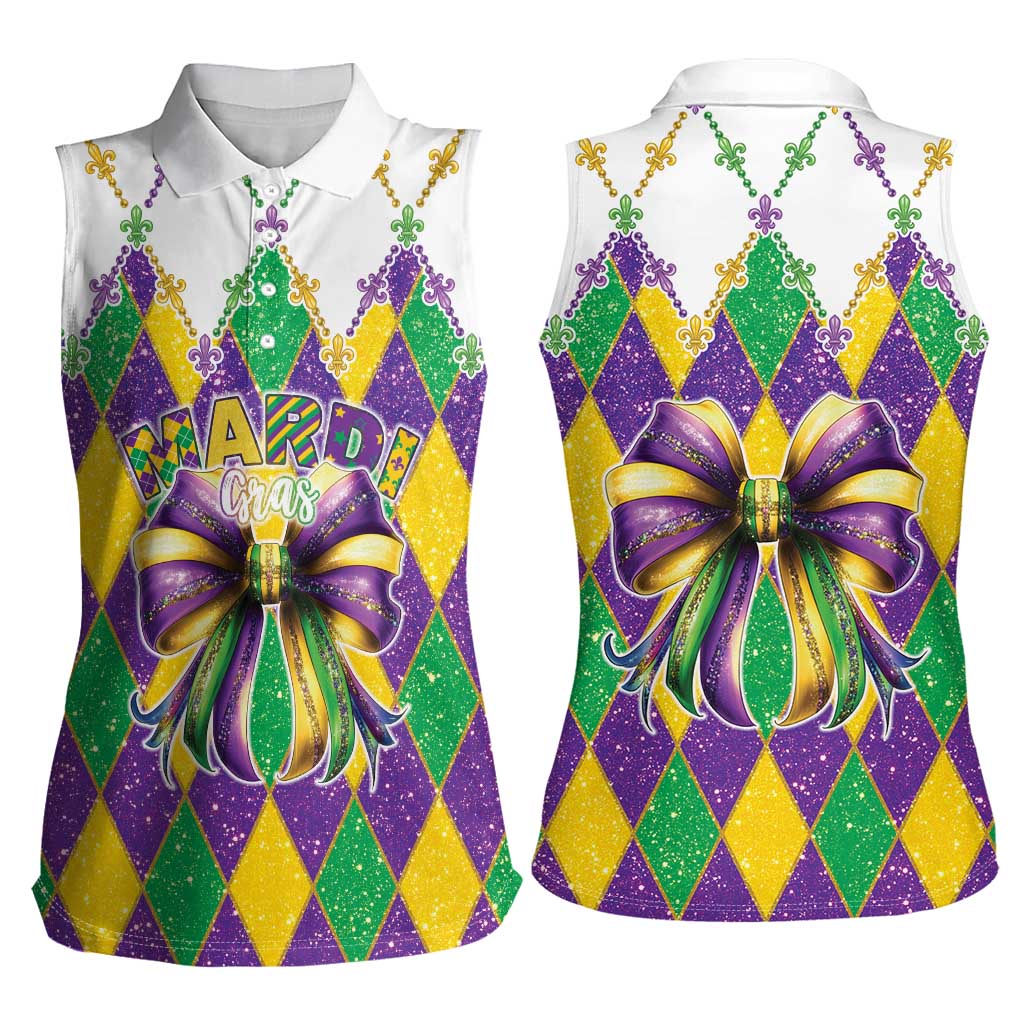 Love Mardi Gras Women Sleeveless Polo Shirt Coquette Bow Glitter Style LT05 - Wonder Print Shop