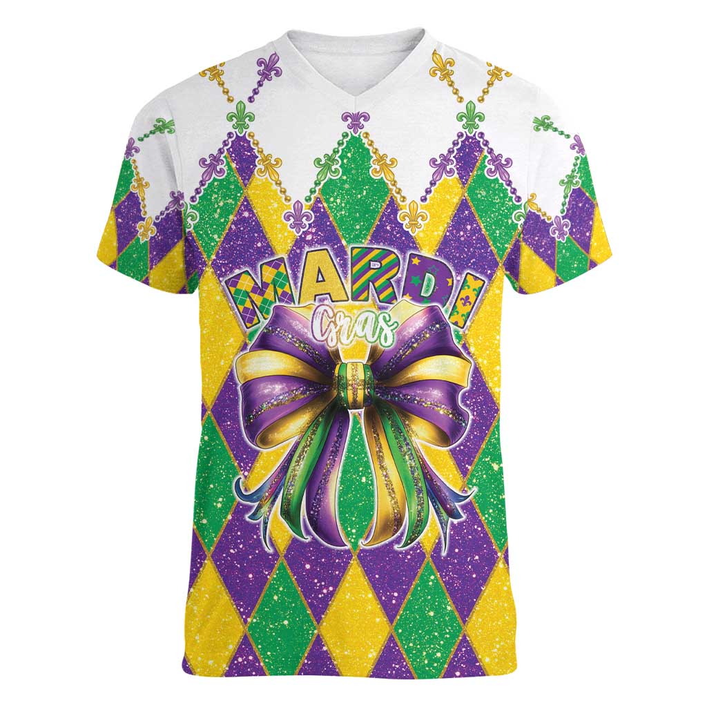 Love Mardi Gras Women V-Neck T-Shirt Coquette Bow Glitter Style LT05 - Wonder Print Shop