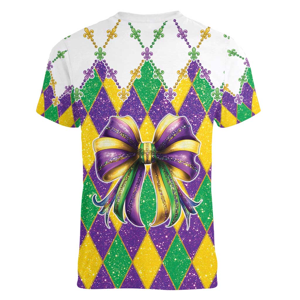 Love Mardi Gras Women V-Neck T-Shirt Coquette Bow Glitter Style LT05 - Wonder Print Shop