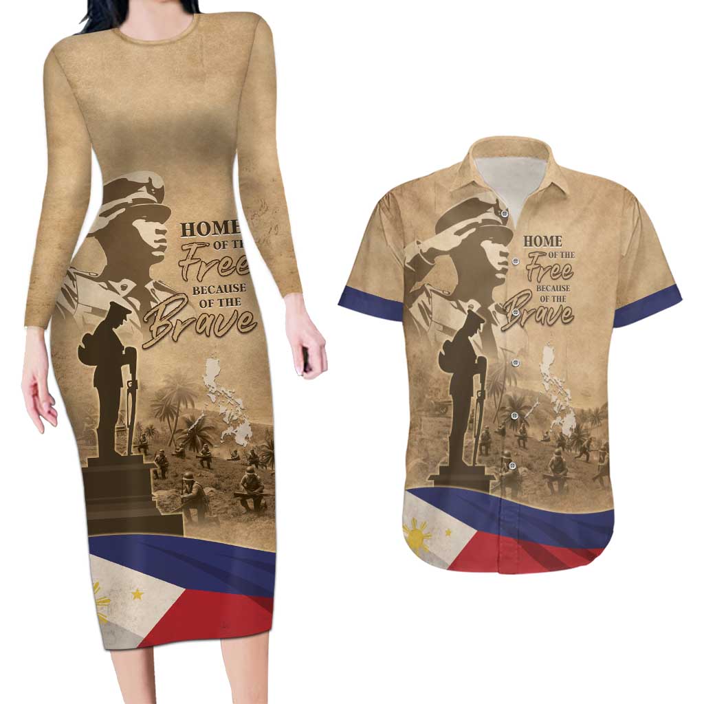 Philippines Memorial Day Couples Matching Long Sleeve Bodycon Dress and Hawaiian Shirt Honor The Fallen