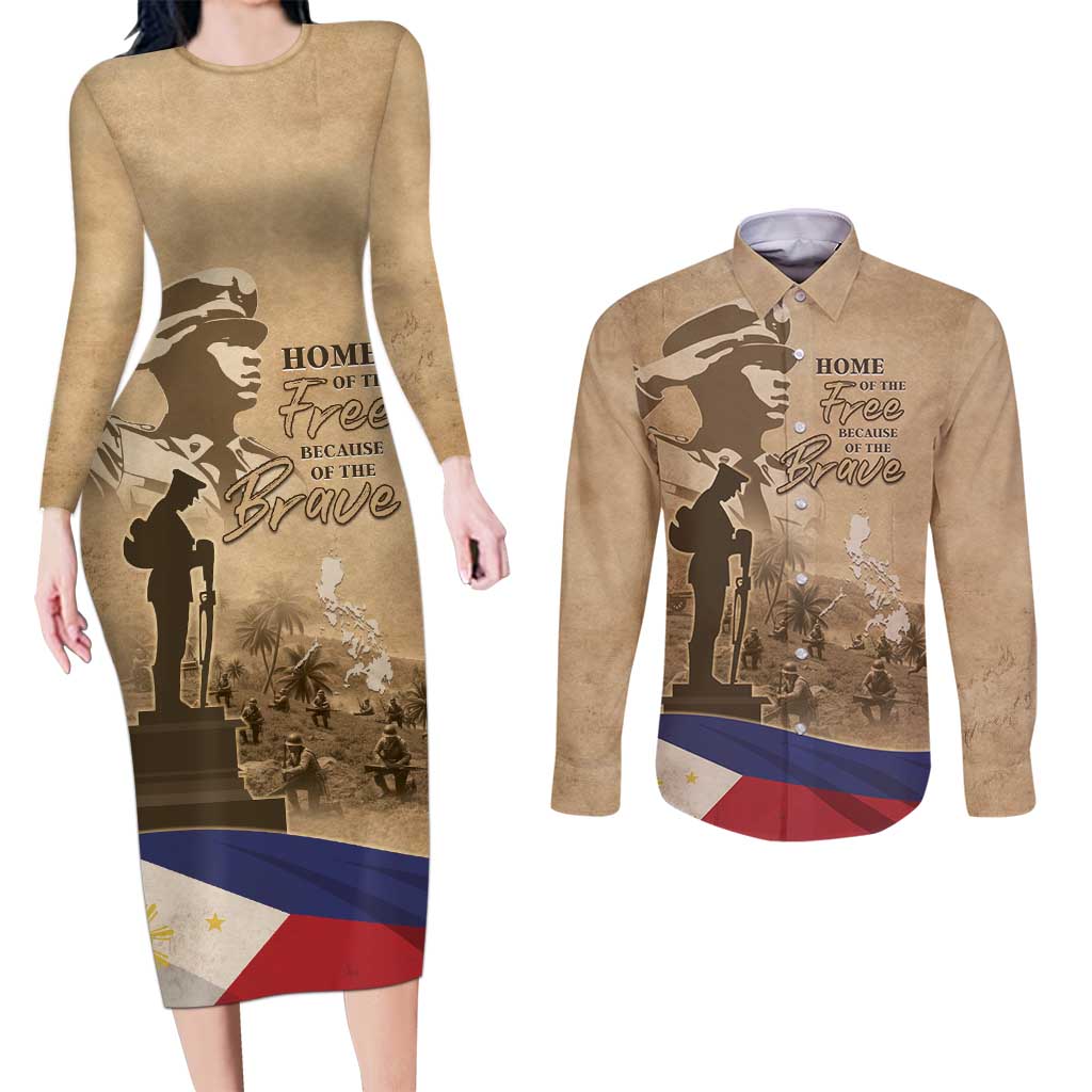 Philippines Memorial Day Couples Matching Long Sleeve Bodycon Dress and Long Sleeve Button Shirt Honor The Fallen