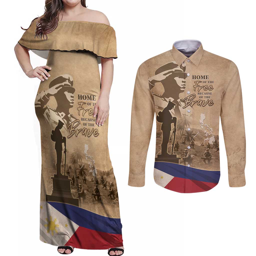 Philippines Memorial Day Couples Matching Off Shoulder Maxi Dress and Long Sleeve Button Shirt Honor The Fallen