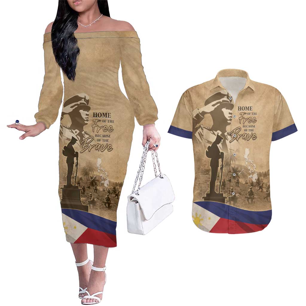 Philippines Memorial Day Couples Matching Off The Shoulder Long Sleeve Dress and Hawaiian Shirt Honor The Fallen