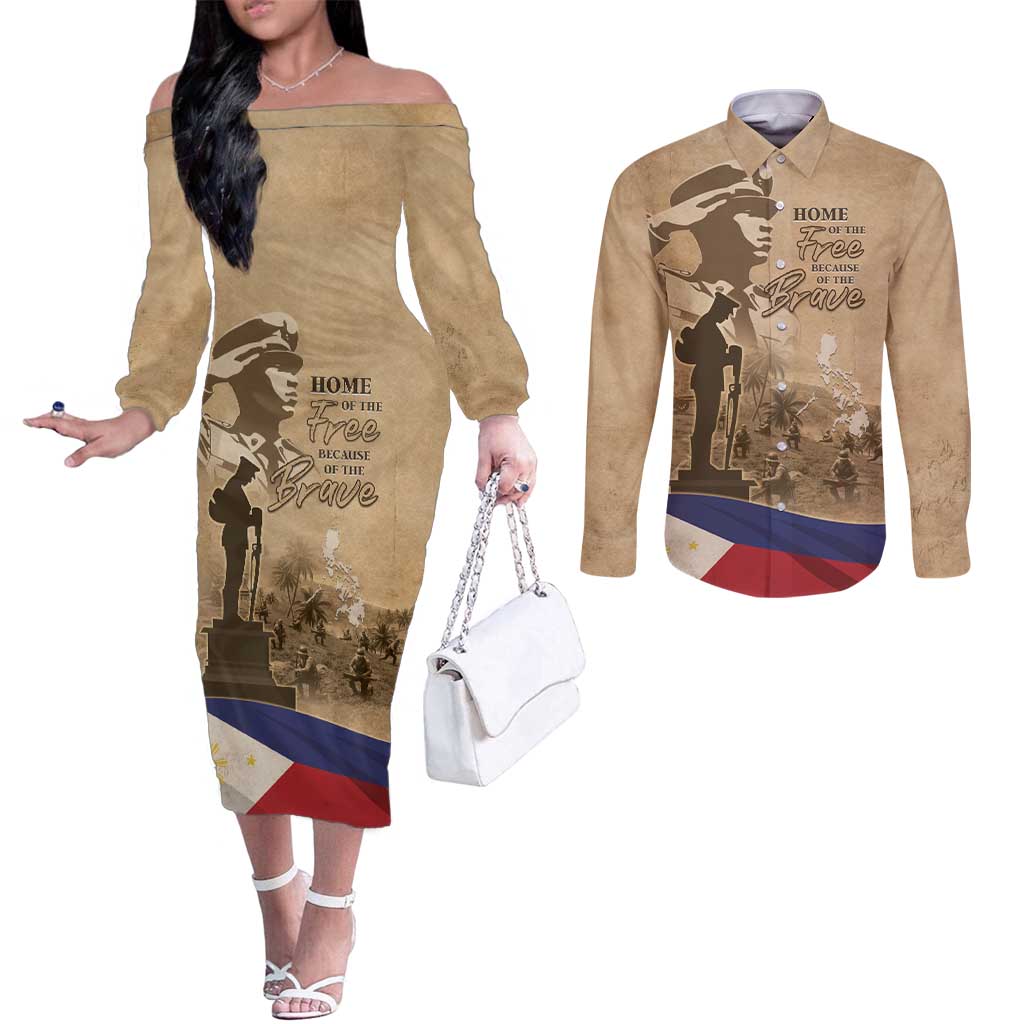 Philippines Memorial Day Couples Matching Off The Shoulder Long Sleeve Dress and Long Sleeve Button Shirt Honor The Fallen