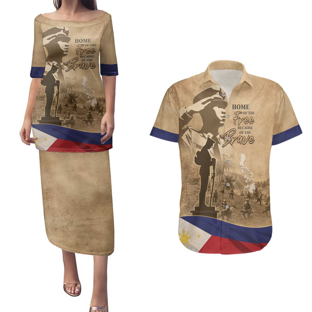 Philippines Memorial Day Couples Matching Puletasi and Hawaiian Shirt Honor The Fallen