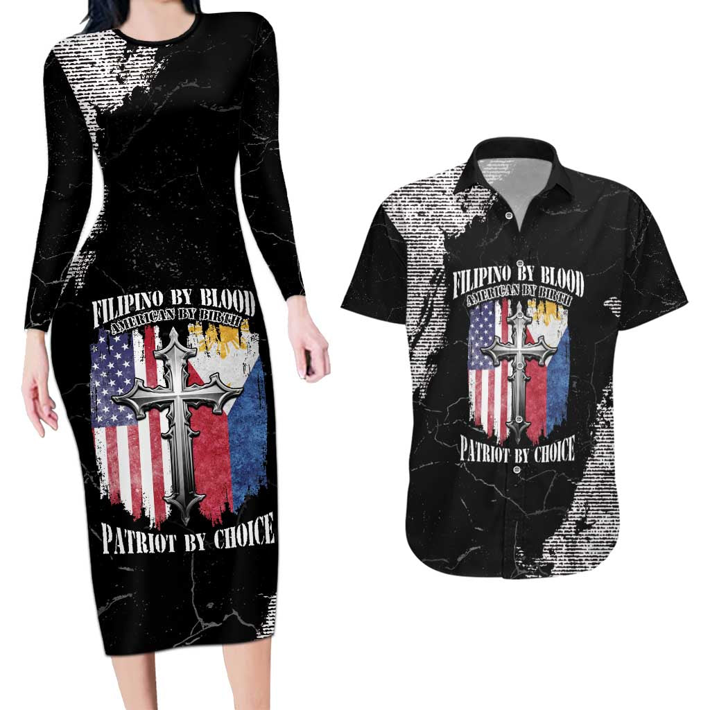 Personalized Philippines And USA Couples Matching Long Sleeve Bodycon Dress and Hawaiian Shirt Grunge Style