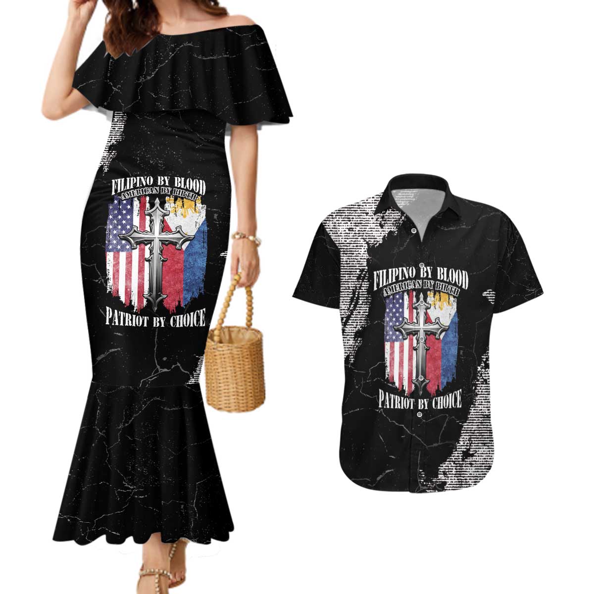 Personalized Philippines And USA Couples Matching Mermaid Dress and Hawaiian Shirt Grunge Style