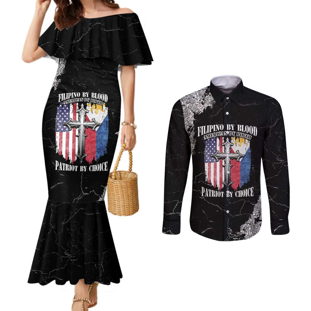 Personalized Philippines And USA Couples Matching Mermaid Dress and Long Sleeve Button Shirt Grunge Style