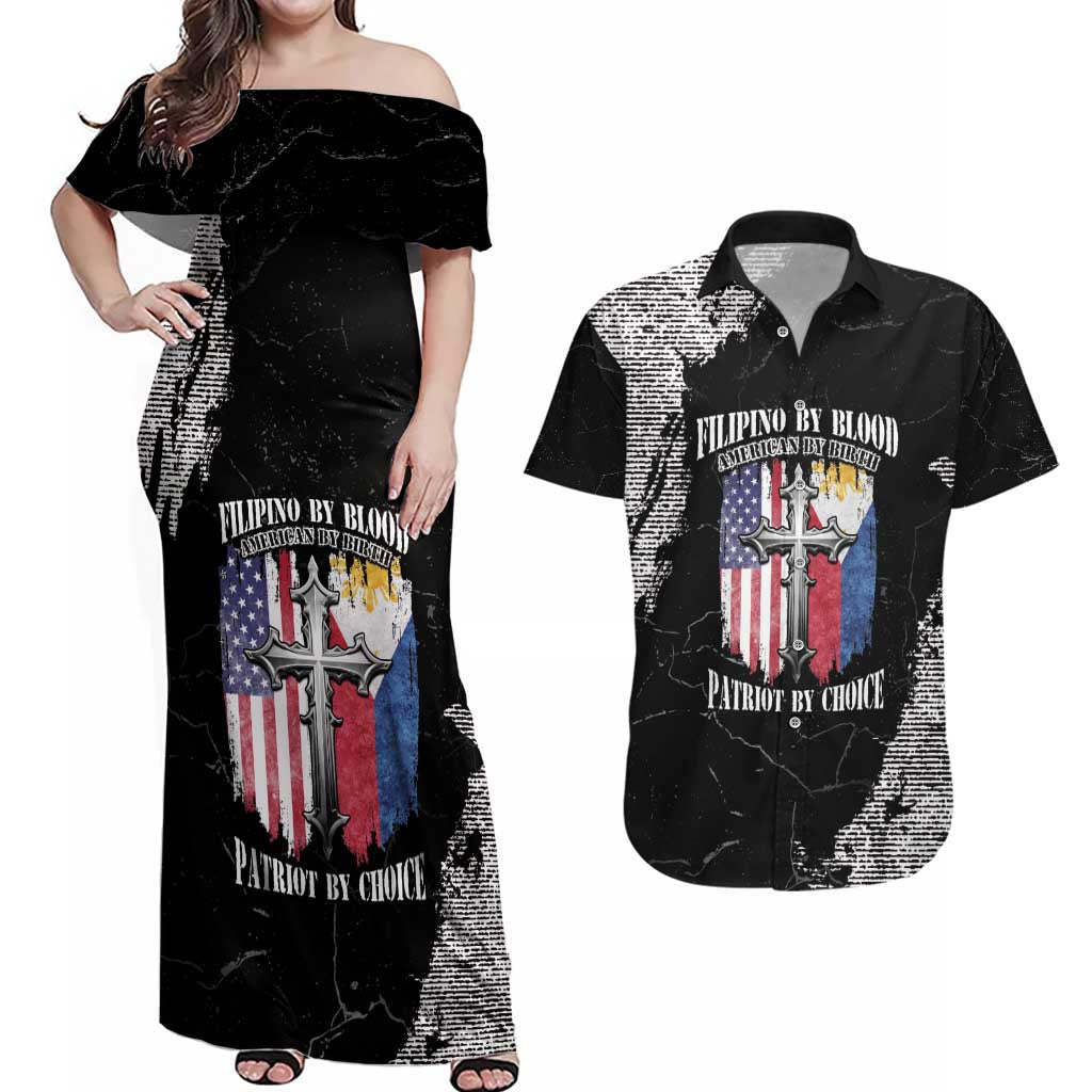 Personalized Philippines And USA Couples Matching Off Shoulder Maxi Dress and Hawaiian Shirt Grunge Style