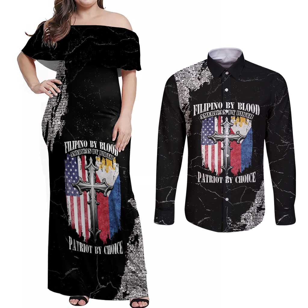 Personalized Philippines And USA Couples Matching Off Shoulder Maxi Dress and Long Sleeve Button Shirt Grunge Style