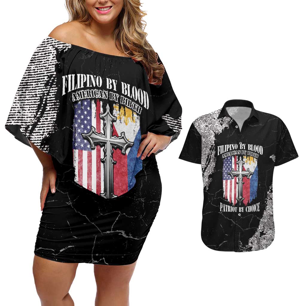 Personalized Philippines And USA Couples Matching Off Shoulder Short Dress and Hawaiian Shirt Grunge Style