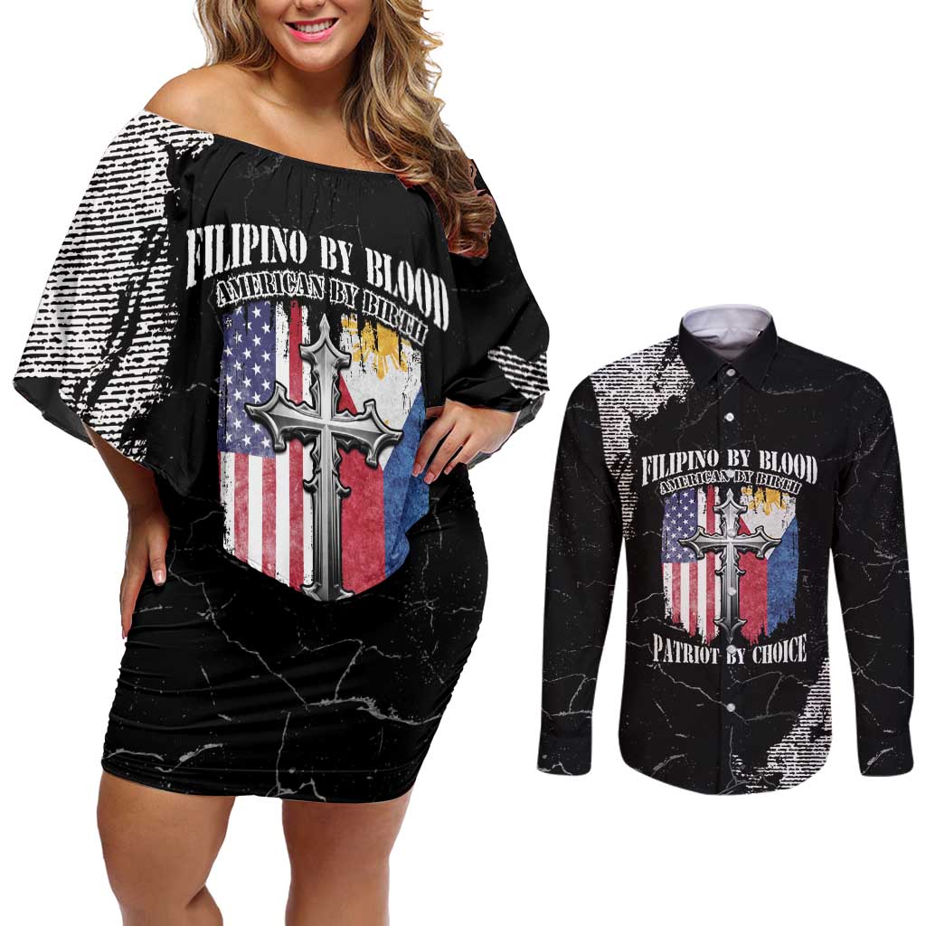 Personalized Philippines And USA Couples Matching Off Shoulder Short Dress and Long Sleeve Button Shirt Grunge Style