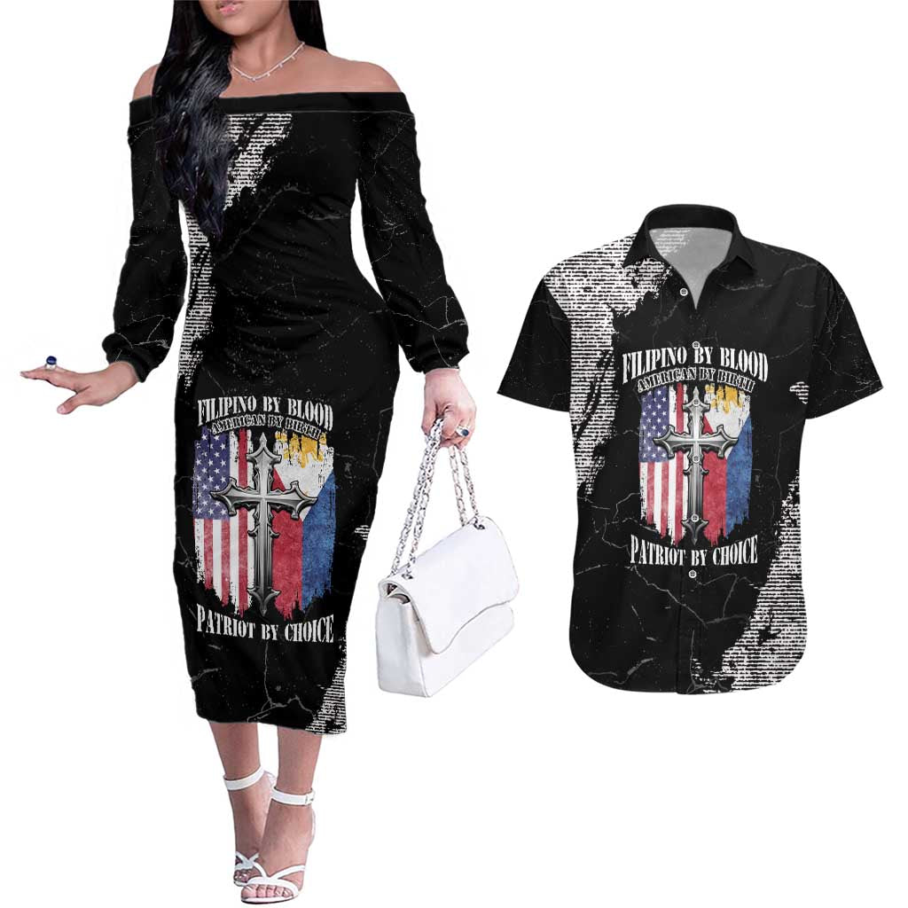 Personalized Philippines And USA Couples Matching Off The Shoulder Long Sleeve Dress and Hawaiian Shirt Grunge Style