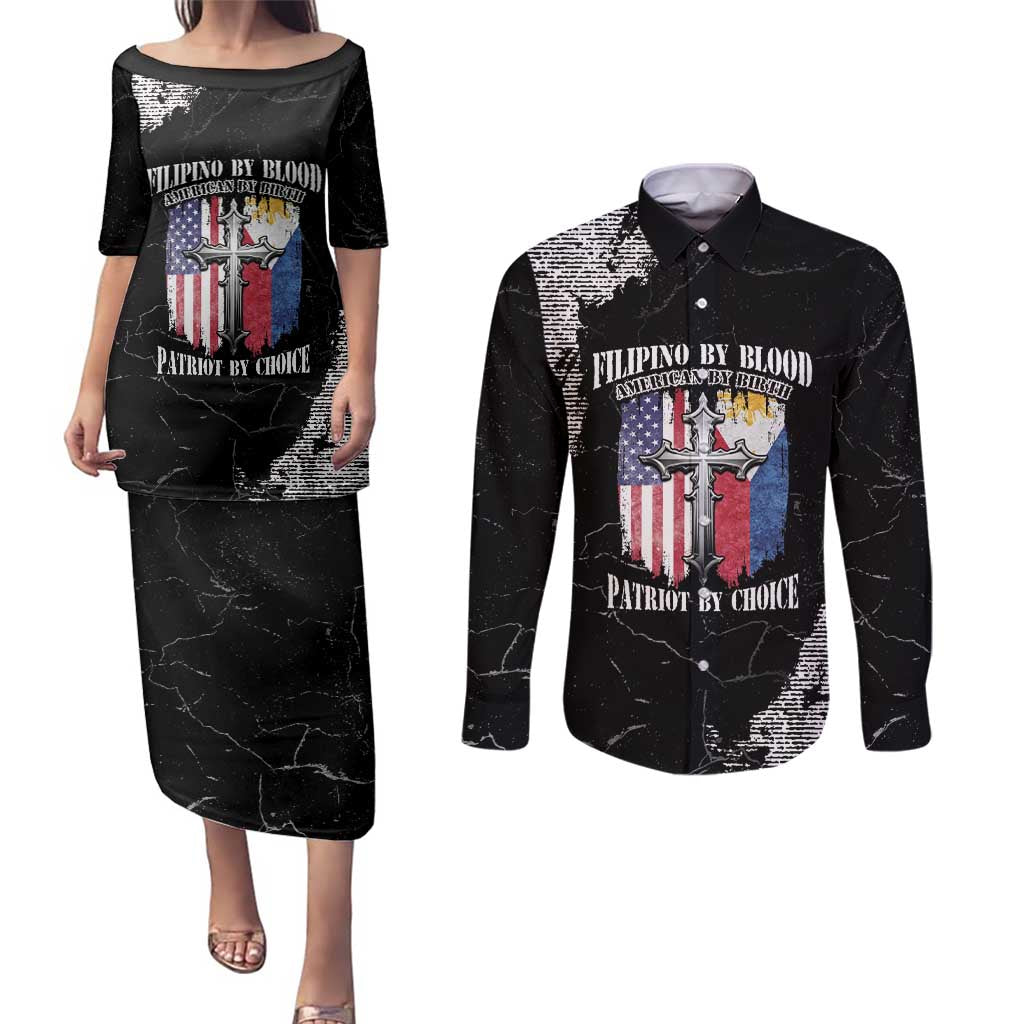 Personalized Philippines And USA Couples Matching Puletasi and Long Sleeve Button Shirt Grunge Style