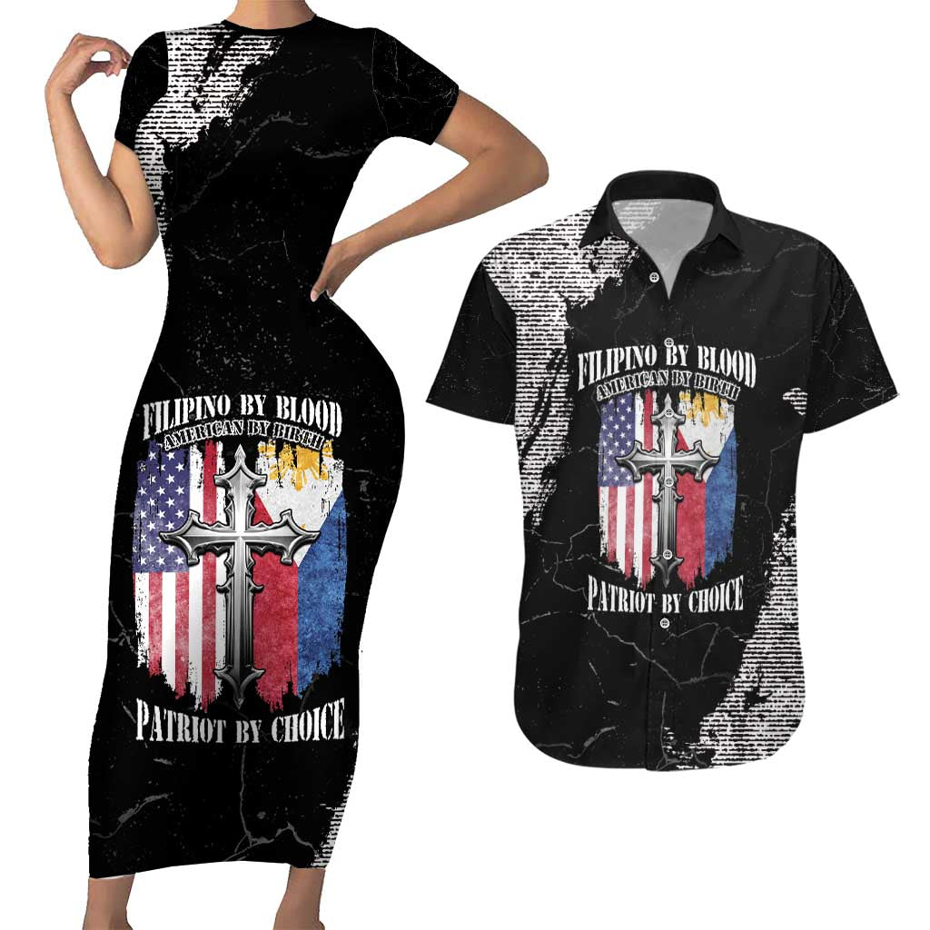 Personalized Philippines And USA Couples Matching Short Sleeve Bodycon Dress and Hawaiian Shirt Grunge Style