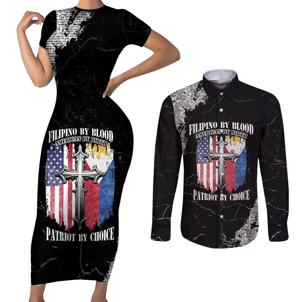 Personalized Philippines And USA Couples Matching Short Sleeve Bodycon Dress and Long Sleeve Button Shirt Grunge Style