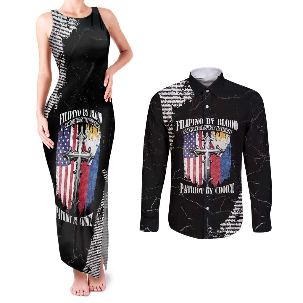 Personalized Philippines And USA Couples Matching Tank Maxi Dress and Long Sleeve Button Shirt Grunge Style