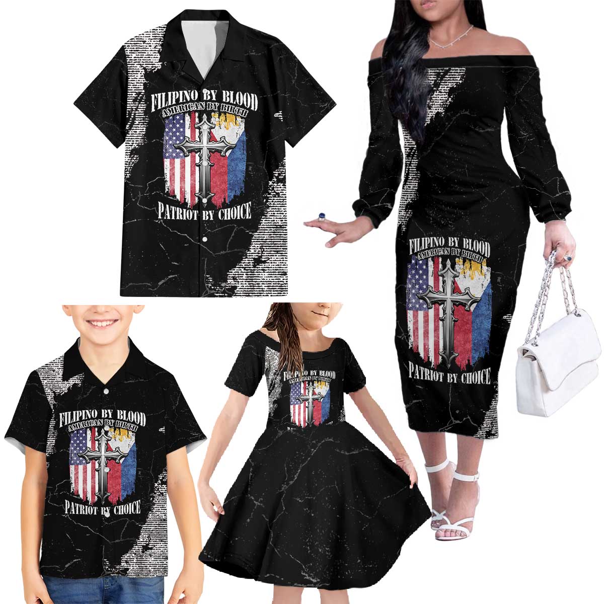 Personalized Philippines And USA Family Matching Off The Shoulder Long Sleeve Dress and Hawaiian Shirt Grunge Style