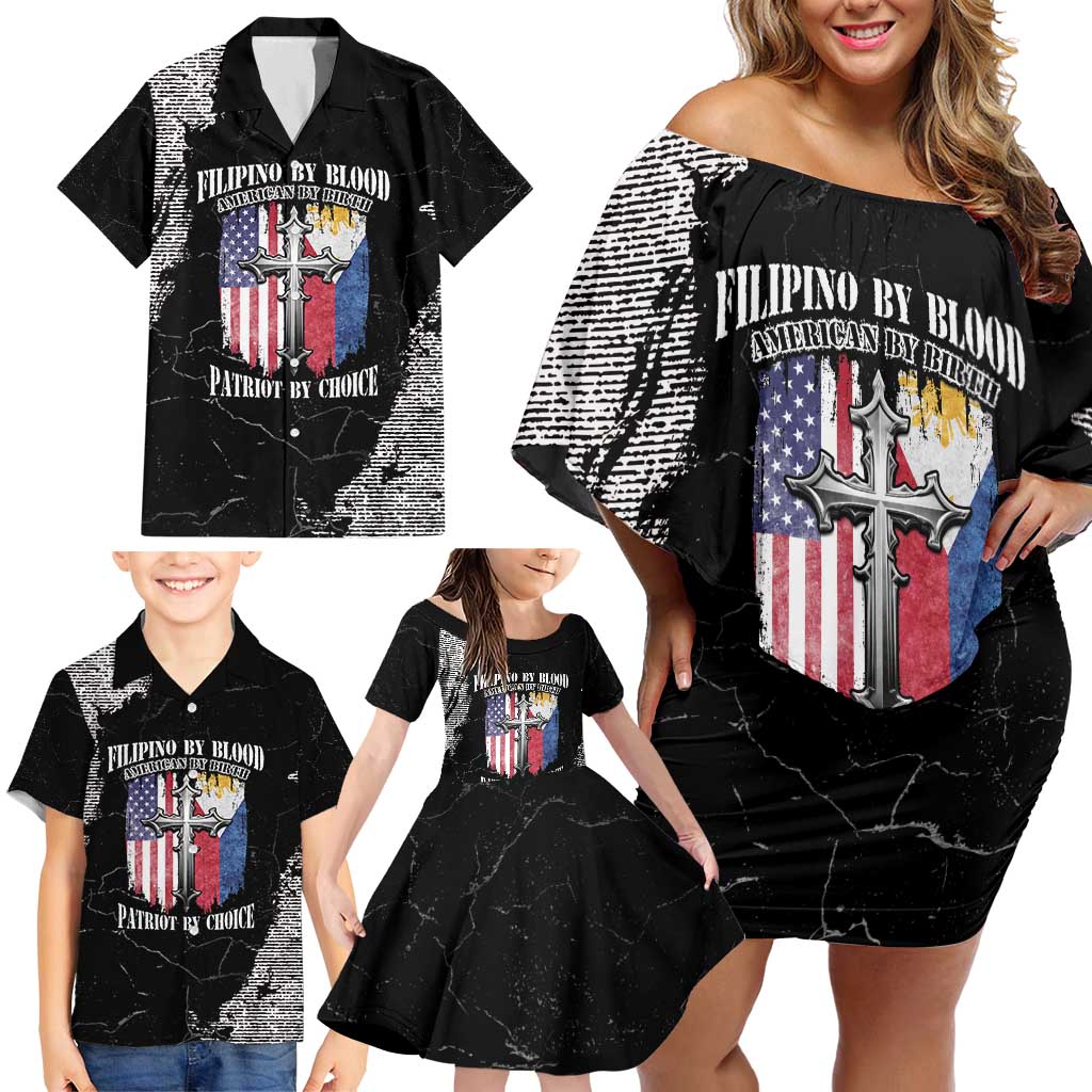Personalized Philippines And USA Family Matching Off Shoulder Short Dress and Hawaiian Shirt Grunge Style