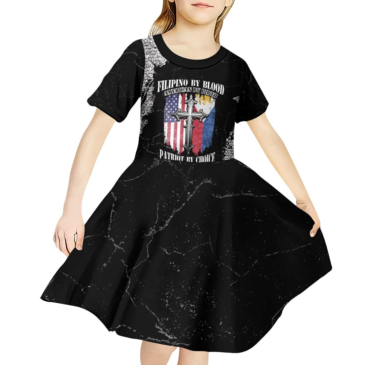 Personalized Philippines And USA Kid Short Sleeve Dress Grunge Style