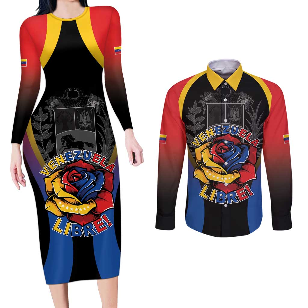 Venezuela Libre Couples Matching Long Sleeve Bodycon Dress and Long Sleeve Button Shirt Freedom And National Pride - Wonder Print Shop