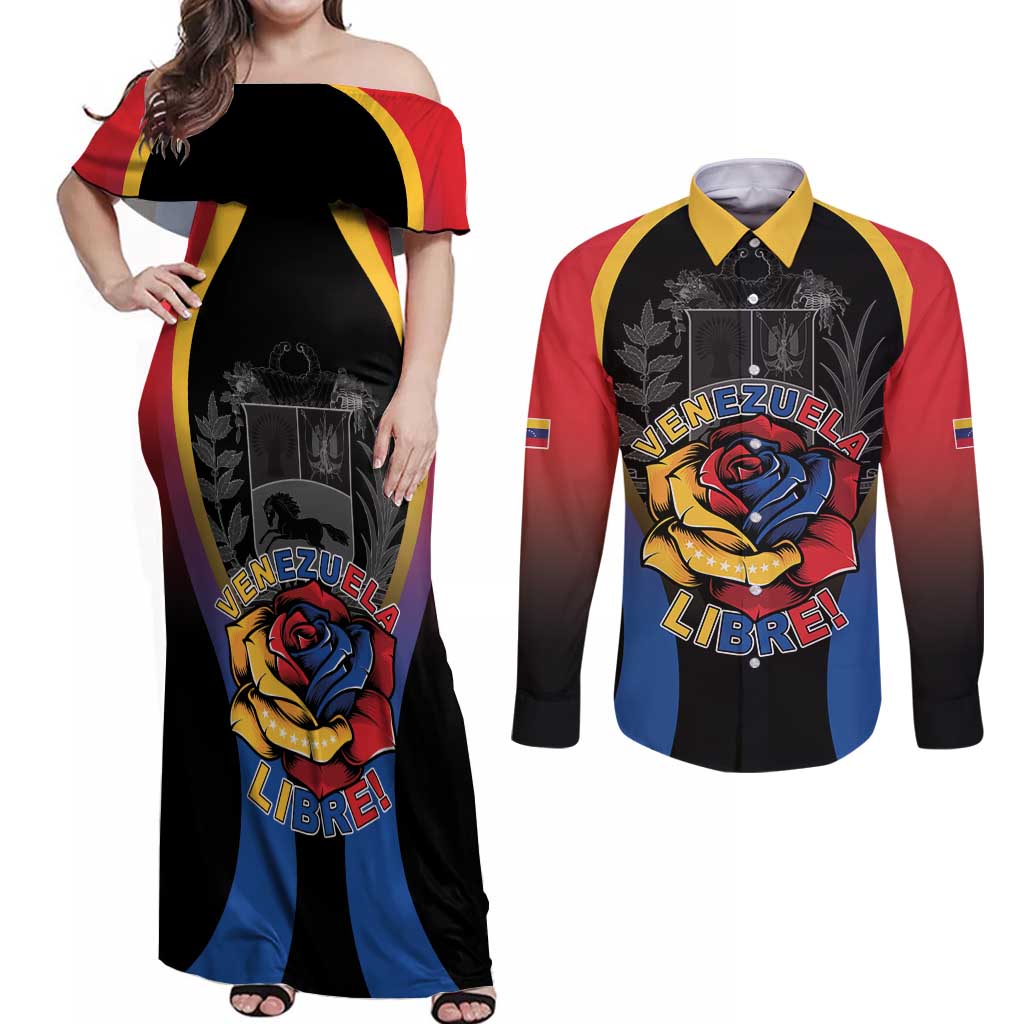 Venezuela Libre Couples Matching Off Shoulder Maxi Dress and Long Sleeve Button Shirt Freedom And National Pride - Wonder Print Shop