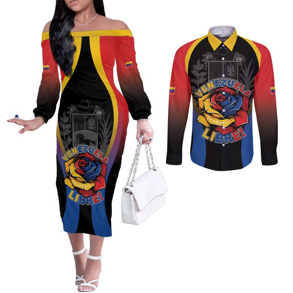 Venezuela Libre Couples Matching Off The Shoulder Long Sleeve Dress and Long Sleeve Button Shirt Freedom And National Pride - Wonder Print Shop