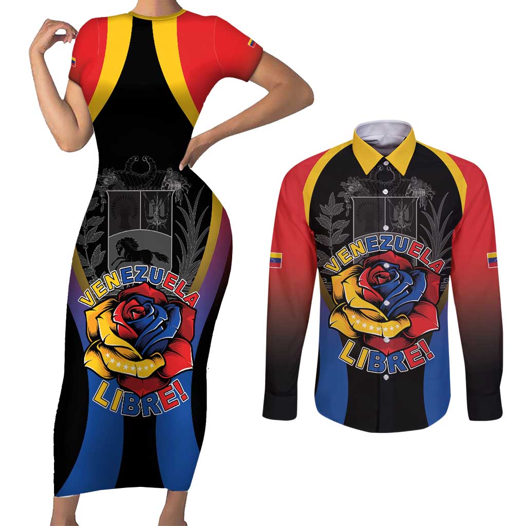 Venezuela Libre Couples Matching Short Sleeve Bodycon Dress and Long Sleeve Button Shirt Freedom And National Pride - Wonder Print Shop