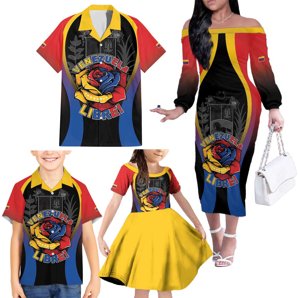 Venezuela Libre Family Matching Off The Shoulder Long Sleeve Dress and Hawaiian Shirt Freedom And National Pride - Wonder Print Shop