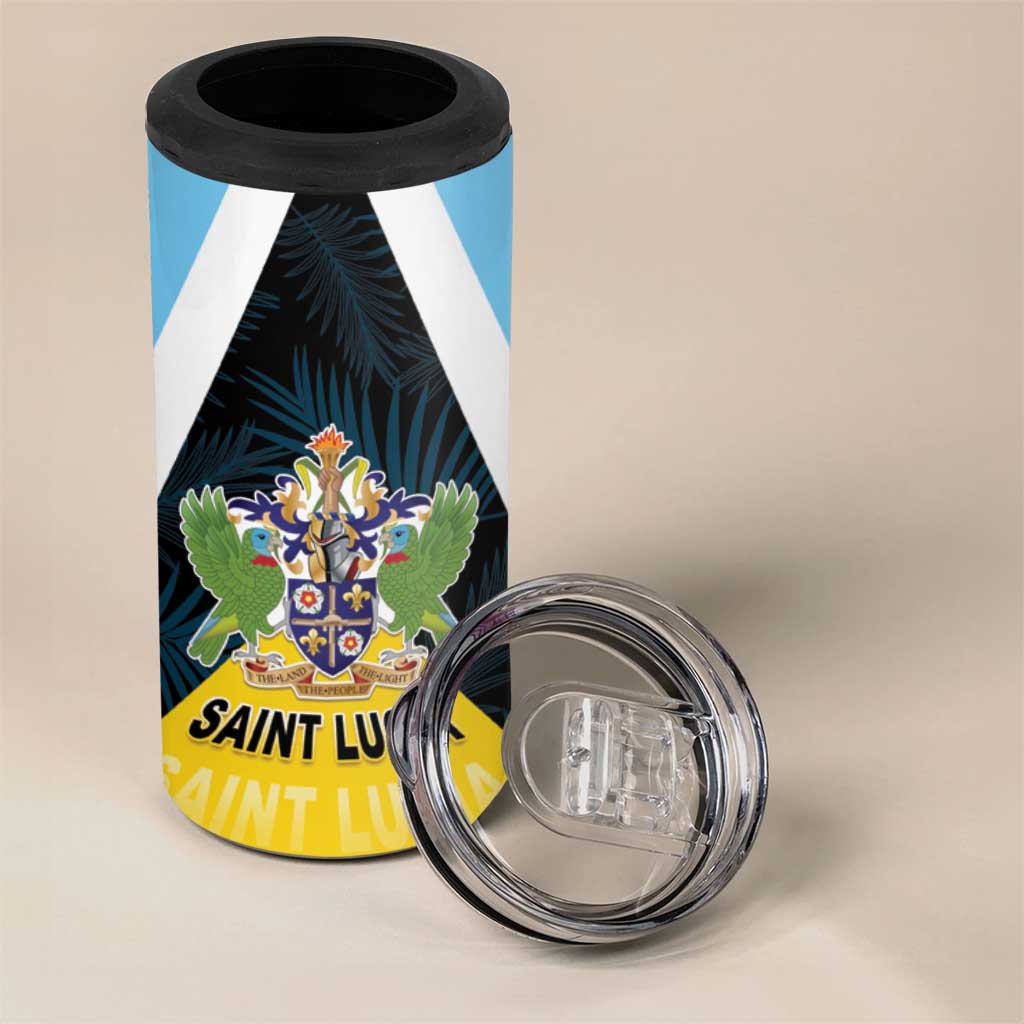 Personalised Saint Lucia 4 in 1 Can Cooler Tumbler Coat Of Arm With Palm Leaf Pattern