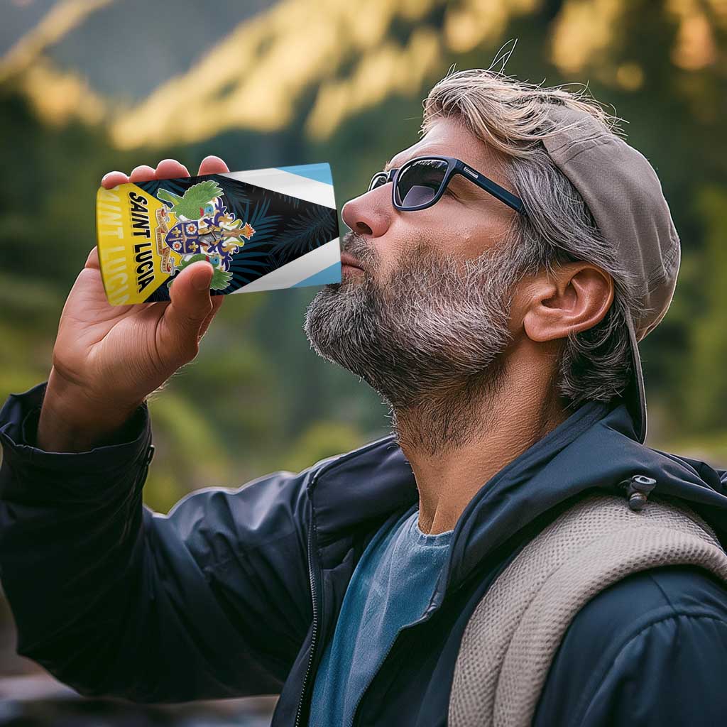 Personalised Saint Lucia 4 in 1 Can Cooler Tumbler Coat Of Arm With Palm Leaf Pattern