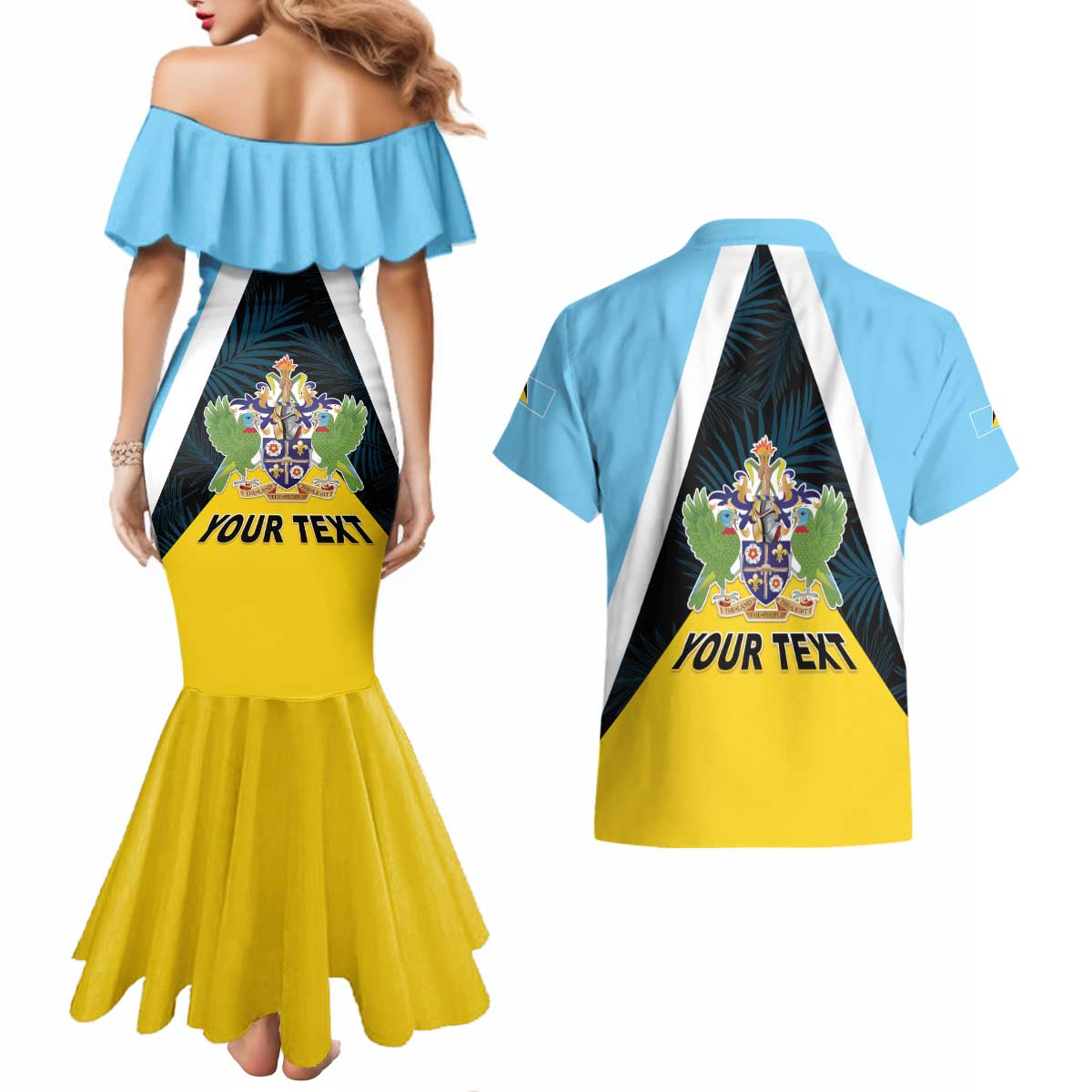 Personalised Saint Lucia Couples Matching Mermaid Dress and Hawaiian Shirt Coat Of Arm With Palm Leaf Pattern