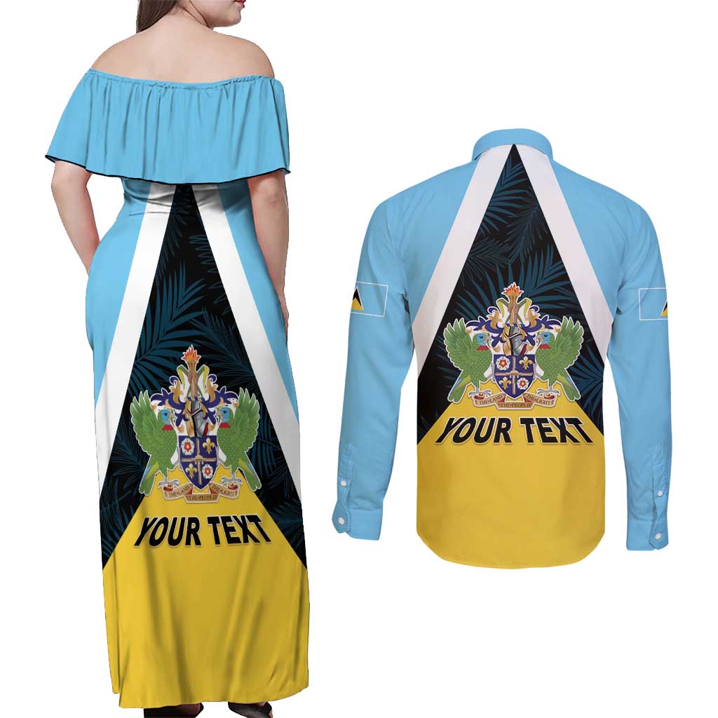 Personalised Saint Lucia Couples Matching Off Shoulder Maxi Dress and Long Sleeve Button Shirt Coat Of Arm With Palm Leaf Pattern