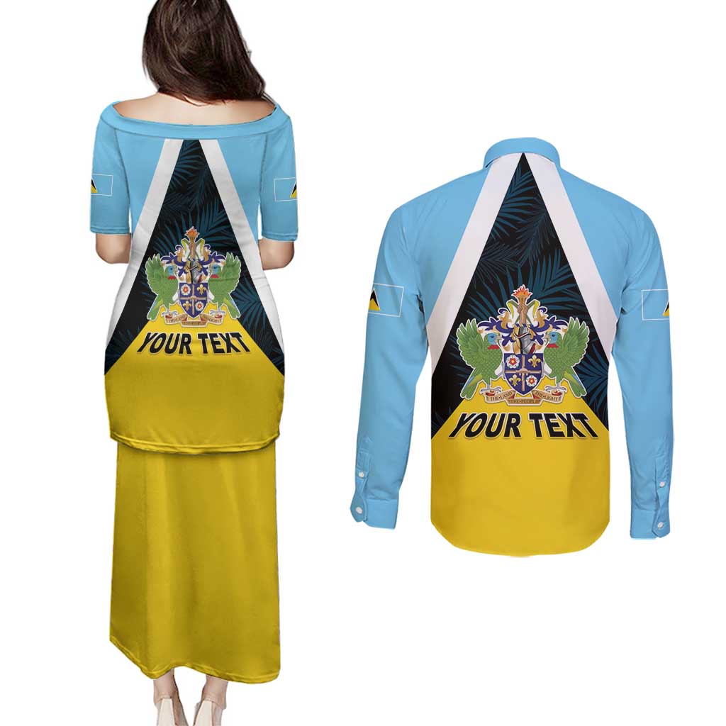 Personalised Saint Lucia Couples Matching Puletasi and Long Sleeve Button Shirt Coat Of Arm With Palm Leaf Pattern