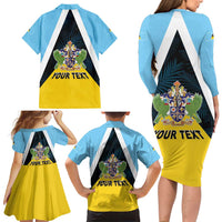 Personalised Saint Lucia Family Matching Long Sleeve Bodycon Dress and Hawaiian Shirt Coat Of Arm With Palm Leaf Pattern
