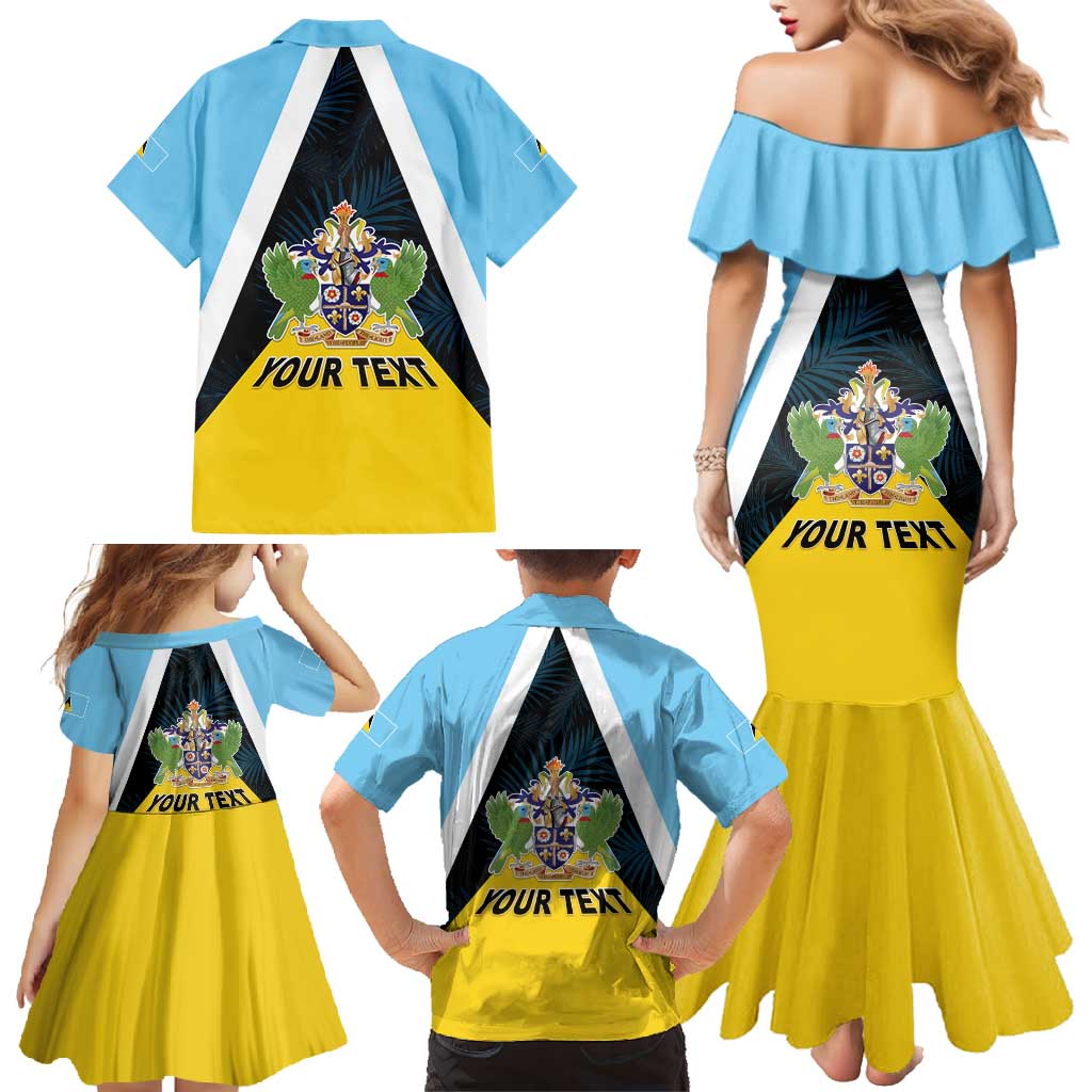 Personalised Saint Lucia Family Matching Mermaid Dress and Hawaiian Shirt Coat Of Arm With Palm Leaf Pattern
