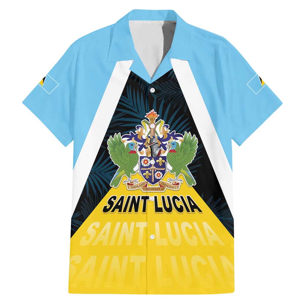 Personalised Saint Lucia Family Matching Mermaid Dress and Hawaiian Shirt Coat Of Arm With Palm Leaf Pattern