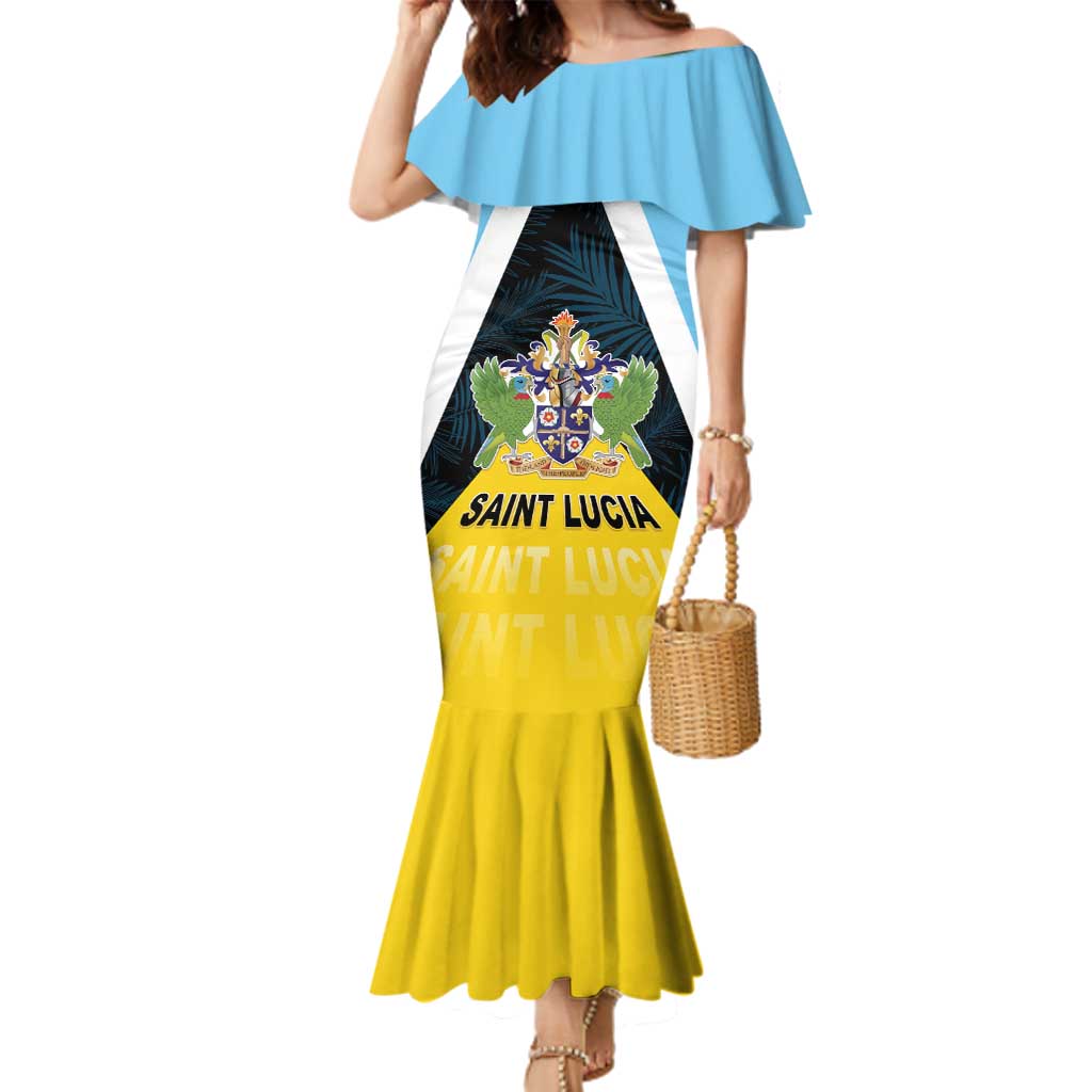 Personalised Saint Lucia Family Matching Mermaid Dress and Hawaiian Shirt Coat Of Arm With Palm Leaf Pattern