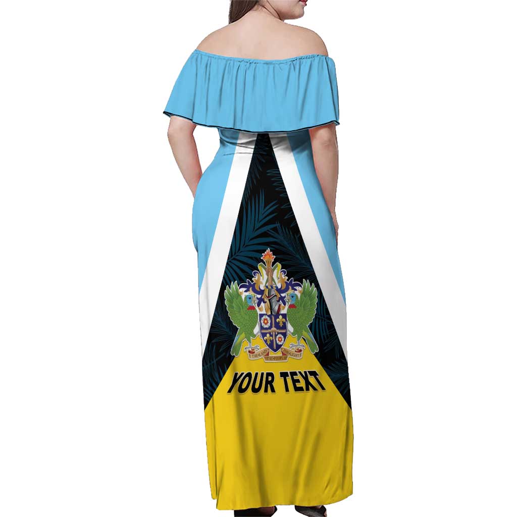 Personalised Saint Lucia Family Matching Off Shoulder Maxi Dress and Hawaiian Shirt Coat Of Arm With Palm Leaf Pattern