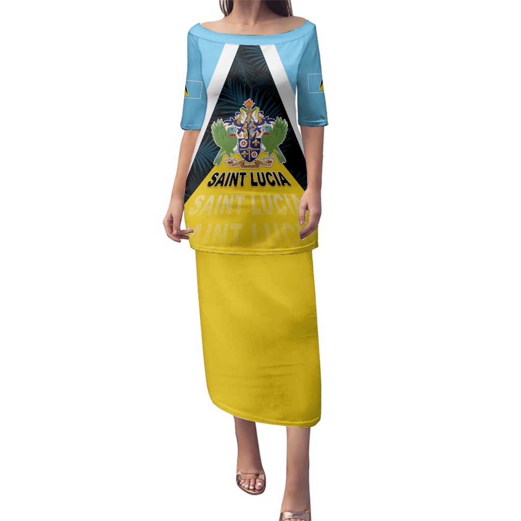 Personalised Saint Lucia Family Matching Puletasi and Hawaiian Shirt Coat Of Arm With Palm Leaf Pattern