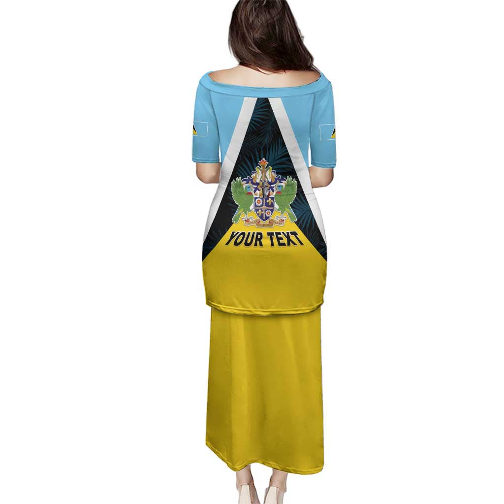 Personalised Saint Lucia Family Matching Puletasi and Hawaiian Shirt Coat Of Arm With Palm Leaf Pattern