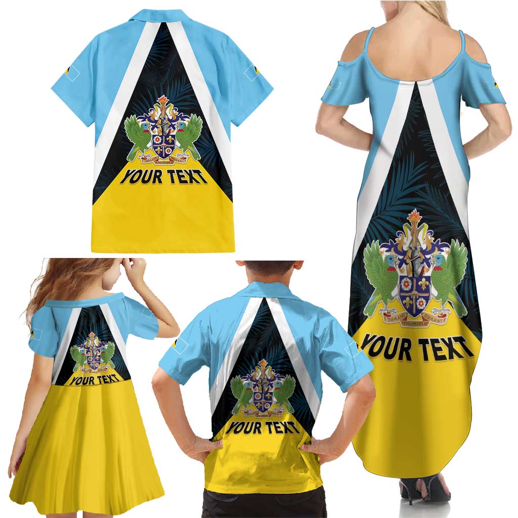 Personalised Saint Lucia Family Matching Summer Maxi Dress and Hawaiian Shirt Coat Of Arm With Palm Leaf Pattern