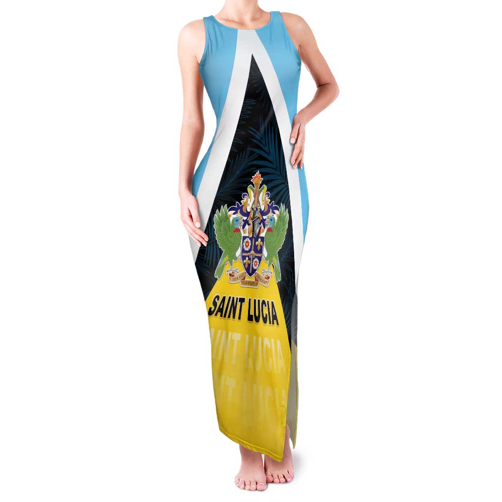 Personalised Saint Lucia Family Matching Tank Maxi Dress and Hawaiian Shirt Coat Of Arm With Palm Leaf Pattern