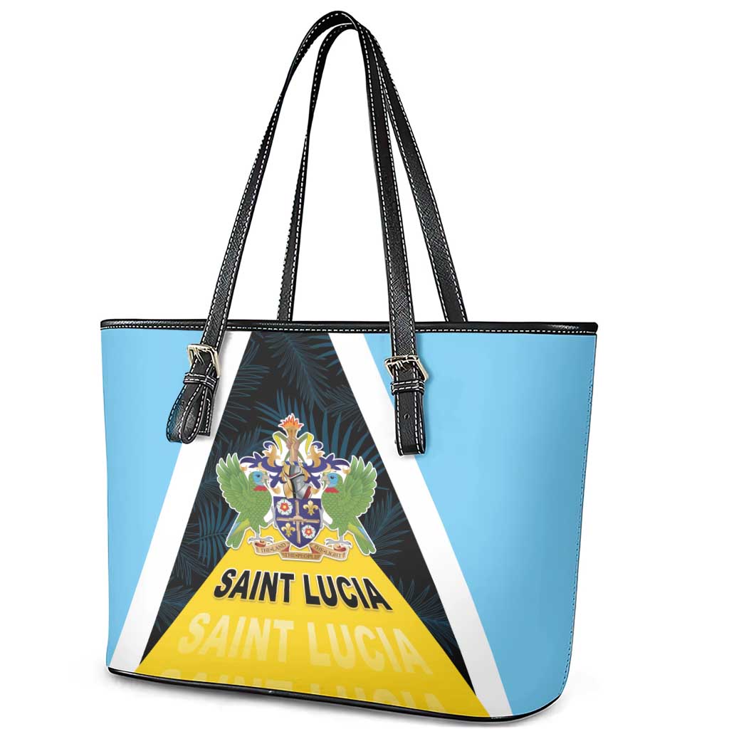 Saint Lucia Leather Tote Bag Coat Of Arm With Palm Leaf Pattern