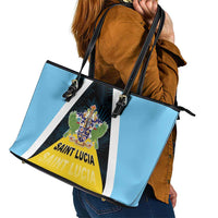 Saint Lucia Leather Tote Bag Coat Of Arm With Palm Leaf Pattern